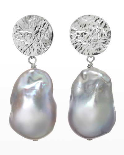 Margo Morrison Baroque Pearl Earrings With Sterling Silver Hammered Top In Grey