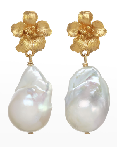 Margo Morrison Baroque Pearl Earrings With Vermeil Flower, Limited Edition In White