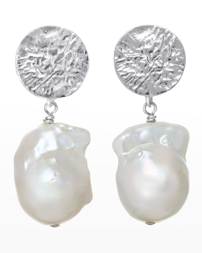 Margo Morrison Baroque Pearl Earrings With Sterling Silver Hammered Top In White