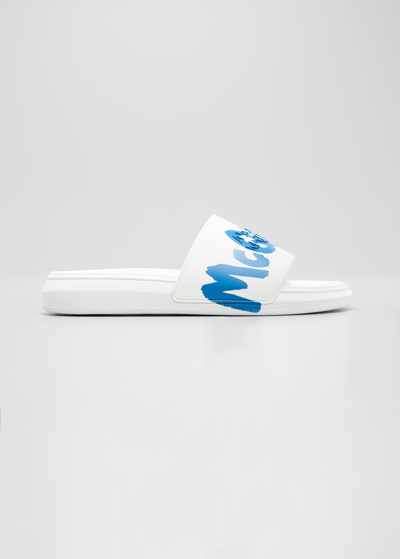 Alexander Mcqueen Men's Logo Pool Slide Sandals In Whitemult