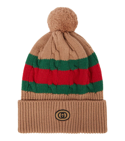 Gucci Striped Wool Beanie In Camel/dark Green