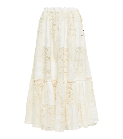 Zimmermann Andie Patchwork Cotton-blend Corded Lace And Jacquard Midi Skirt In Off-white