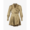 Zimmermann Ruffled Silk-satin Wrap Mini Dress In Khaki