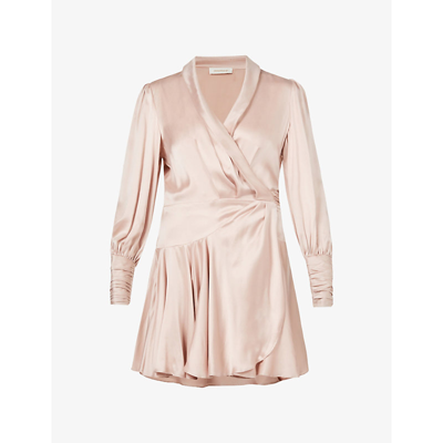 Zimmermann Ruffled Silk-satin Wrap Mini Dress In Latte