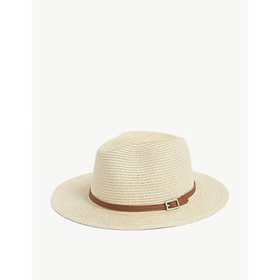 Melissa Odabash Mo Buckle-embellished Woven Fedora Hat In Cream/tan Belt