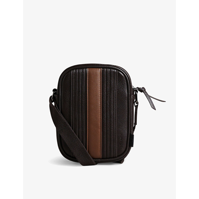 Ted Baker Mens Brn-choc Evver Striped Pu Leather Flight Bag In Brown/black