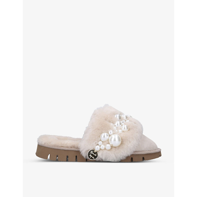 Alameda Turquesa Pictada Pearl-embellished Shearling Mules In Cream