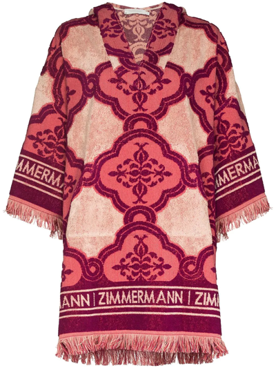Zimmermann Lola Hooded Fringed Intarsia Cotton-terry Kaftan In Purple