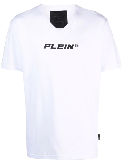 Philipp Plein V-neck Logo Print T-shirt In White