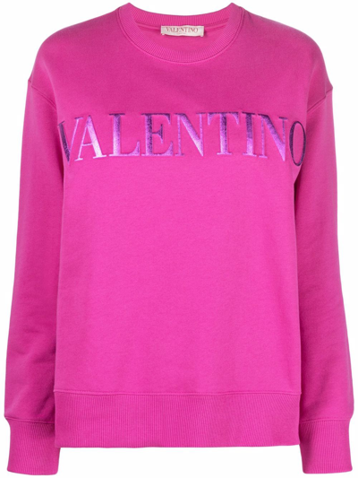 Valentino Logo-embroidered Crew-neck Sweatshirt In Fuchsia