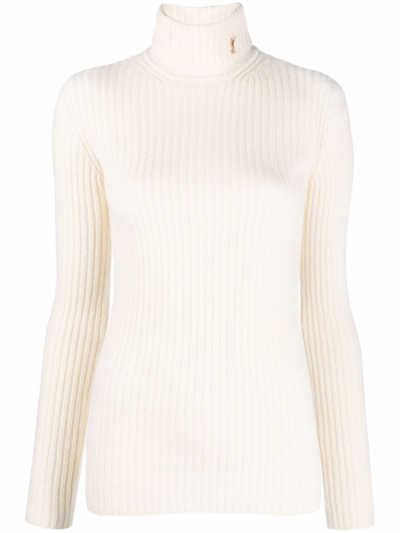 Saint Laurent Ribbed-knit Roll-neck Jumper In Nude & Neutrals