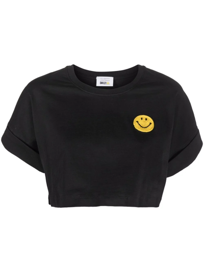 Philosophy Di Lorenzo Serafini Black Cropped Cotton T-shirt With Smiley Print In Nero