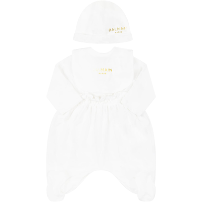 Balmain White Set For Baby Girl With Golden Logo