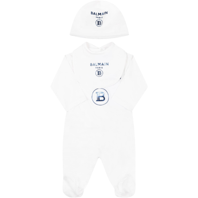 Balmain White Set For Baby Boy With Blue Logo