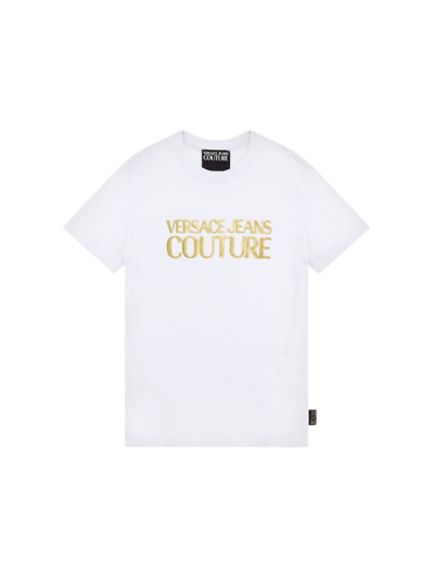 Versace Jeans Couture White Cotton T-shirt With Logo Print In Gold