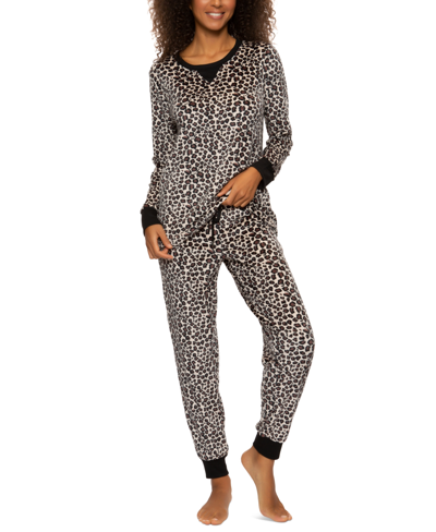 Felina Micro Fleece Long Sleeve Top & Joggers 2-piece Pajama Set In Natural Cheetah