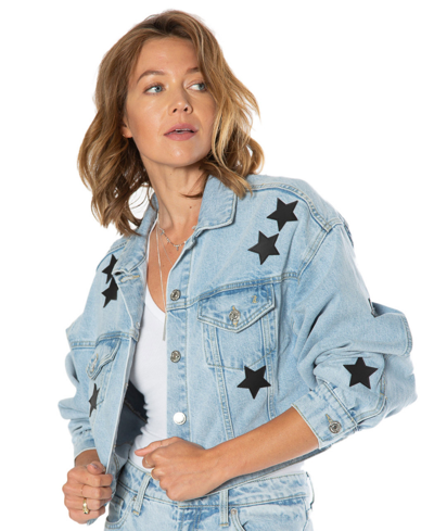 Juicy Couture Drop Shoulder Denim Jacket With Faux Leather Stars In Light Wash