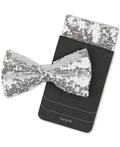 Tallia Men's Sequins Bow Tie & Pocket Square Set In Silver