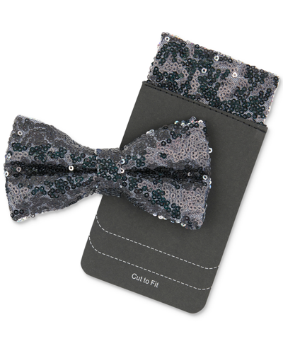 Tallia Men's Sequins Bow Tie & Pocket Square Set In Black