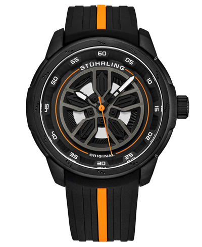 Stuhrling Men's Black Rubber Silicone Strap With Orange Stripe Watch 44mm