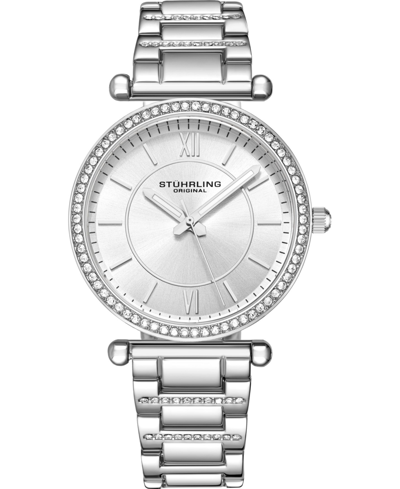 Stuhrling Women's Quartz Crystal Studded Silver-tone Link Bracelet Watch 36mm In White