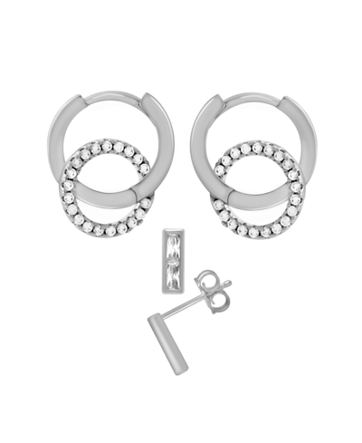 Essentials Silver Plated 2-piece Bar Post Click Top Hoop Earrings Set In Silver-plated