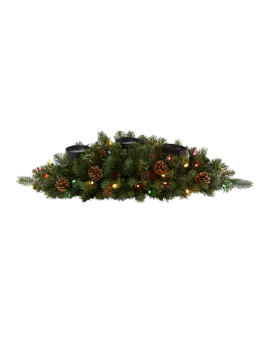 Nearly Natural Flocked And Glittered Artificial Christmas Triple Candelabrum With 35 Lights And Pine Cones In Green