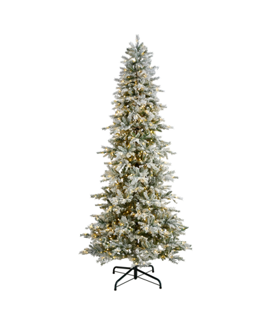 Nearly Natural Slim Flocked Nova Scotia Spruce Artificial Christmas Tree With 600 Warm Led Lights And 1357 Bendable In Green
