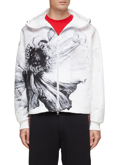 Alexander Mcqueen Poppy-print High-neck Shell Hooded Windbreaker Jacket In White,black
