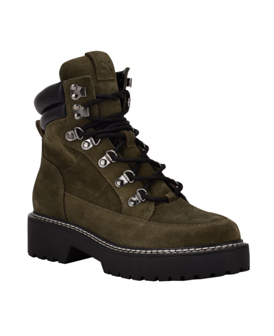 Calvin Klein Women's Shania Lace Up Lug Sole Hiker Boots Women's Shoes In Green