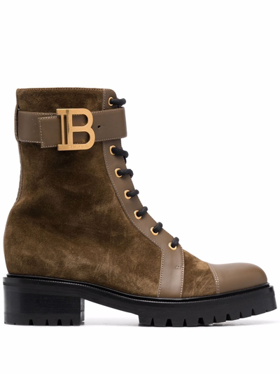 Balmain Ranger Leather And Suede Ankle Boots In Kaki