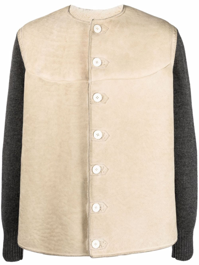 Maison Margiela Collarless Panelled Leather Jacket In Beige