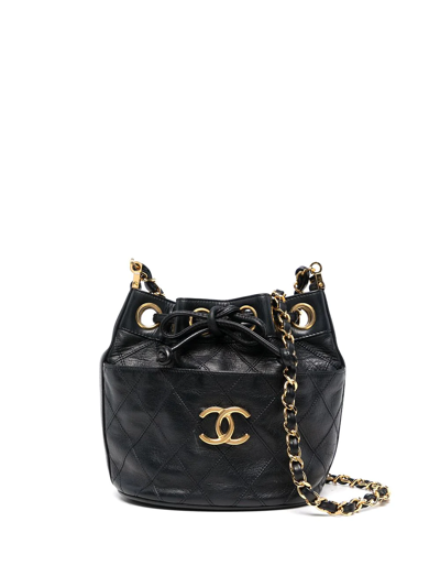 Pre-owned Chanel 1980-1990s Cc Diamond-quilted Bucket Bag In Black