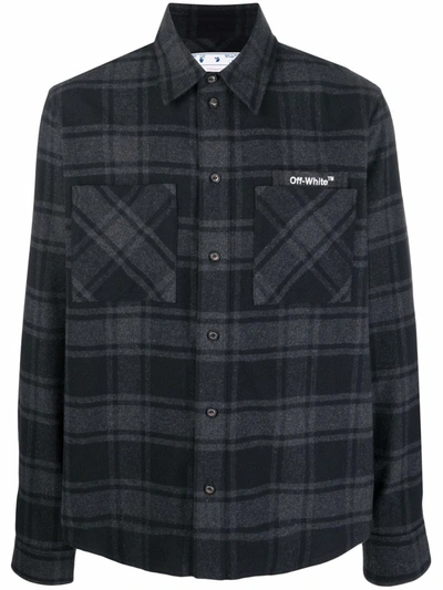 Off-white Outline Flannel Check Shirt With Logo Off White Man In Grey White