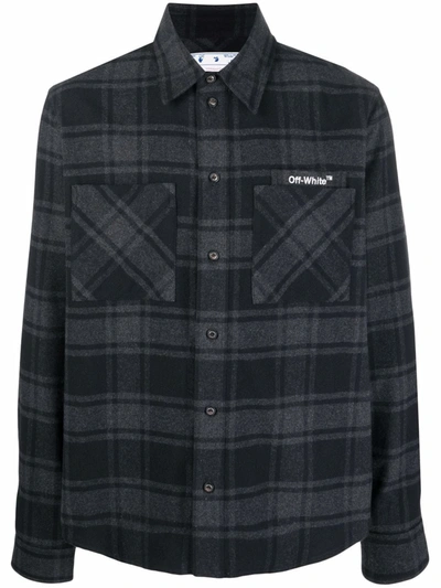 Off-white Outline Flannel Check Shirt With Logo Off White Man In Grey Black