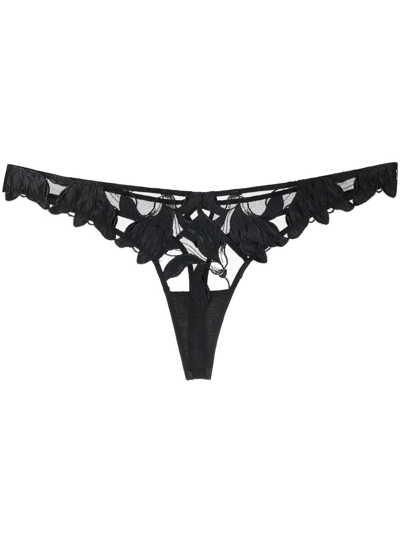Fleur Du Mal Lily Embroidered Low-rise Mesh Thong In Black