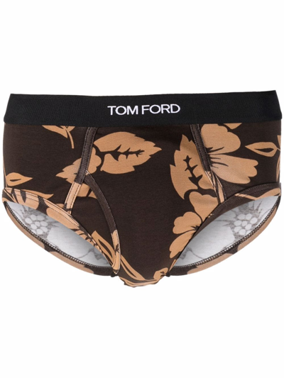 Tom Ford Floral-print Stretch-cotton Jersey Briefs In Brown