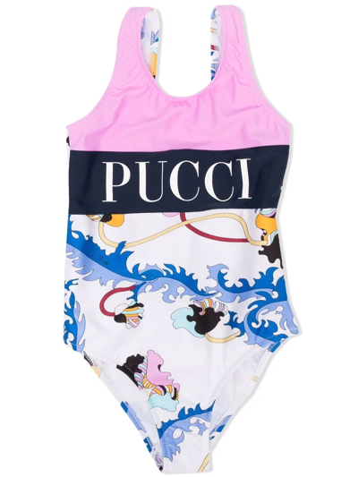 Emilio Pucci Junior Kids' Pucci Junior Printed Logo Swimsuit (4-14 Years) In White