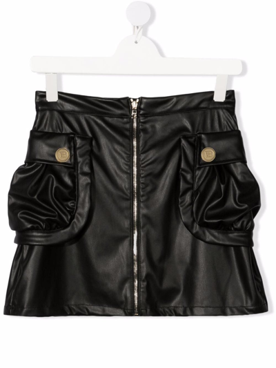 Balmain Kids' Synthetic Leather Short Skirt In Black