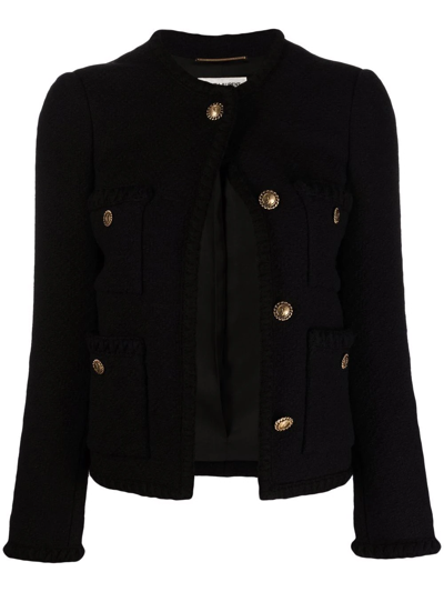Saint Laurent Collarless Tweed Jacket W/ Four Pockets In Black