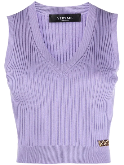 Versace La Greca Plaque Knitted Waistcoat In Lilac
