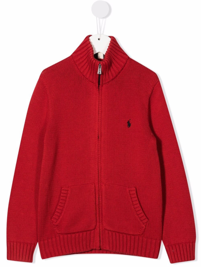 Ralph Lauren Kids' Polo Pony-embroidered Zip-up Cardigan In Red
