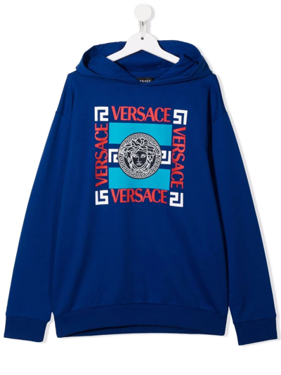 Versace Teen Medusa-print Jersey Hoodie In Blue
