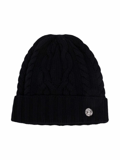 Balmain Kids' Logo-plaque Cable-knit Beanie In Black