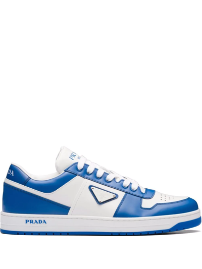 Prada Men's Low-top Leather Downtown Sneakers W/ Logo Plaqu&eacute; In Light Blue