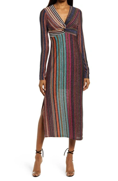 Chelsea28 Twist Front Sparkle Stripe Midi Cocktail Dress In Multi Rainbow Stripe ModeSens