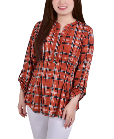 Ny Collection Plus Size Long Sleeve Roll Tab Sleeve Plaid Y-neck Top In Red