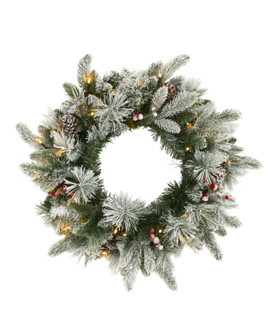 Nearly Natural Flocked Mixed Pine Artificial Christmas Wreath With 50 Led Lights, Pine Cones And Berries In Green