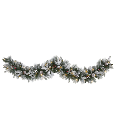 Nearly Natural Flocked Mixed Pine Artificial Christmas Garland With 50 Led Lights, Pine Cones And Berries In Green