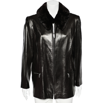 Pre-owned Celine Vintage Brown Leather Shearling Collar Zip Front Jacket L